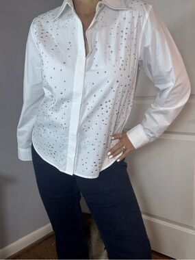 DKNY White Women Stud-Embellished Button-Down Long Sleeve Blouse